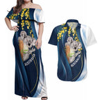 Australia Day Couples Matching Off Shoulder Maxi Dress and Hawaiian Shirt Koala Blue Modern Vibe