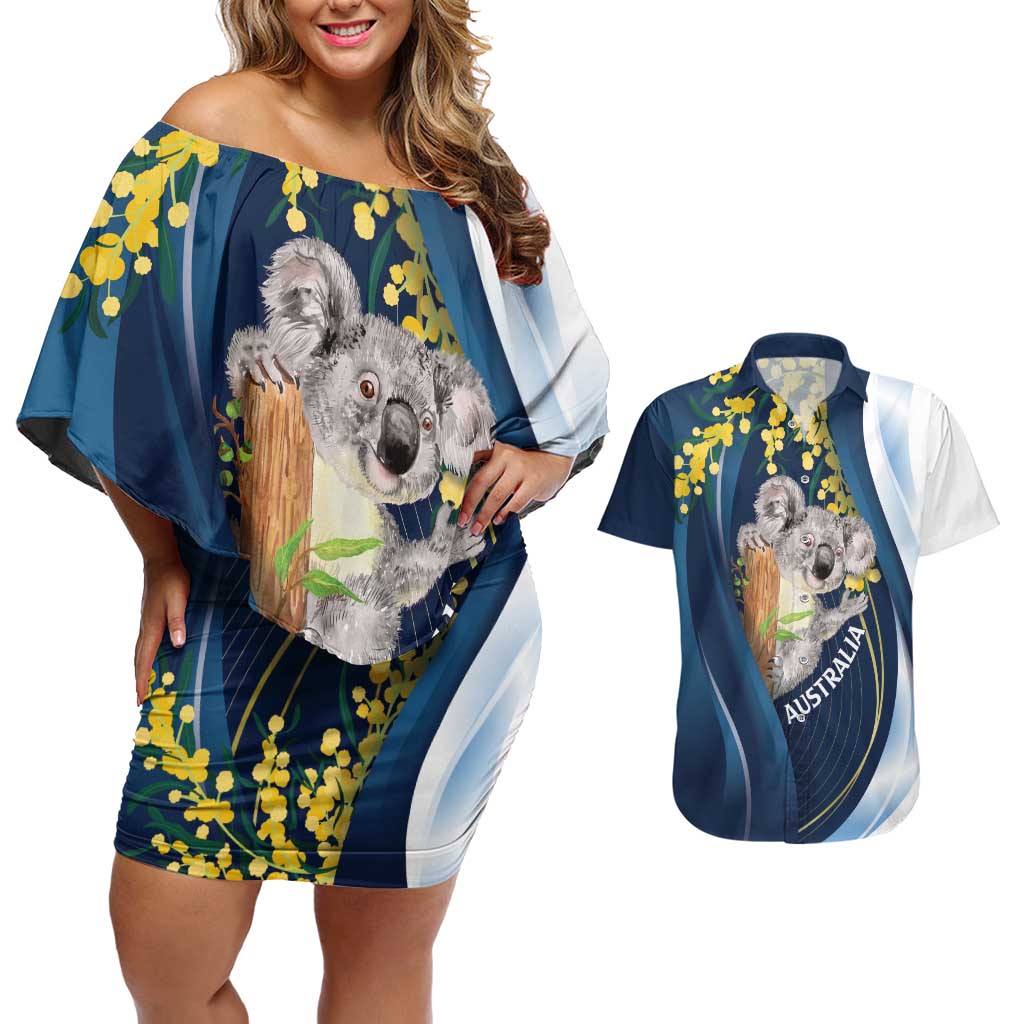 Australia Day Couples Matching Off Shoulder Short Dress and Hawaiian Shirt Koala Blue Modern Vibe
