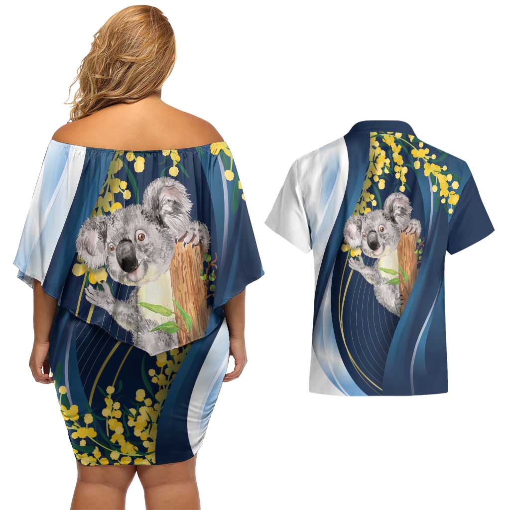 Australia Day Couples Matching Off Shoulder Short Dress and Hawaiian Shirt Koala Blue Modern Vibe