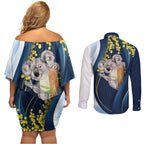 Australia Day Couples Matching Off Shoulder Short Dress and Long Sleeve Button Shirt Koala Blue Modern Vibe