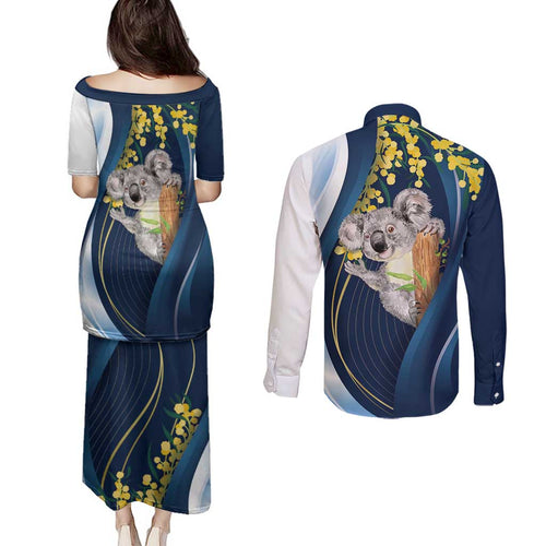 Australia Day Couples Matching Puletasi and Long Sleeve Button Shirt Koala Blue Modern Vibe