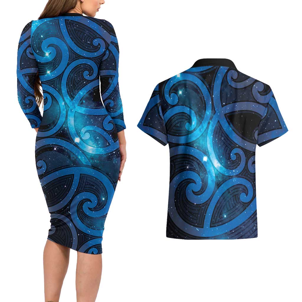New Zealand Maori Matariki Couples Matching Long Sleeve Bodycon Dress and Hawaiian Shirt Galaxy Kowhaiwhai