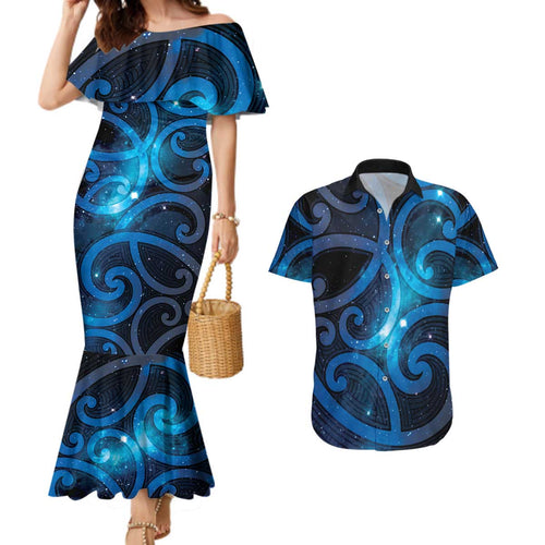 New Zealand Maori Matariki Couples Matching Mermaid Dress and Hawaiian Shirt Galaxy Kowhaiwhai