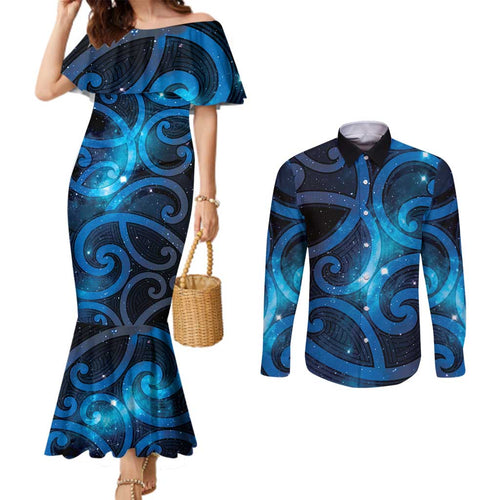 New Zealand Maori Matariki Couples Matching Mermaid Dress and Long Sleeve Button Shirt Galaxy Kowhaiwhai