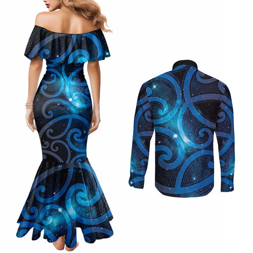 New Zealand Maori Matariki Couples Matching Mermaid Dress and Long Sleeve Button Shirt Galaxy Kowhaiwhai