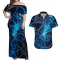 New Zealand Maori Matariki Couples Matching Off Shoulder Maxi Dress and Hawaiian Shirt Galaxy Kowhaiwhai
