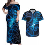 New Zealand Maori Matariki Couples Matching Off Shoulder Maxi Dress and Hawaiian Shirt Galaxy Kowhaiwhai
