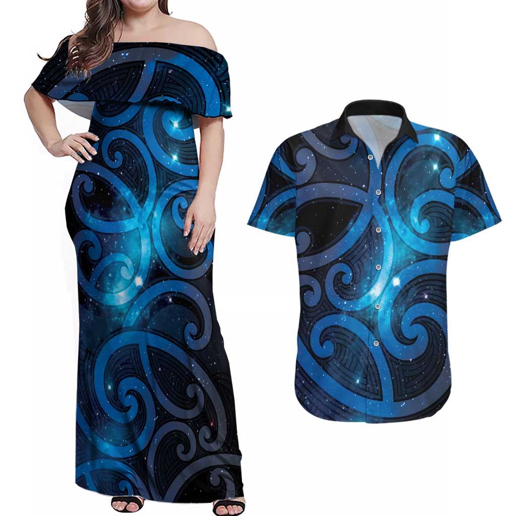 New Zealand Maori Matariki Couples Matching Off Shoulder Maxi Dress and Hawaiian Shirt Galaxy Kowhaiwhai