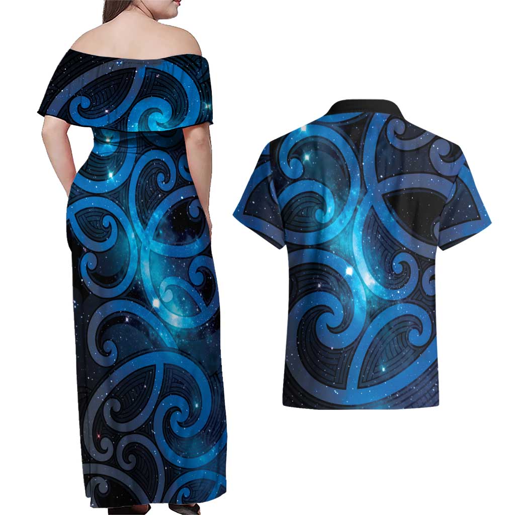 New Zealand Maori Matariki Couples Matching Off Shoulder Maxi Dress and Hawaiian Shirt Galaxy Kowhaiwhai