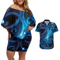 New Zealand Maori Matariki Couples Matching Off Shoulder Short Dress and Hawaiian Shirt Galaxy Kowhaiwhai