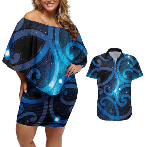 New Zealand Maori Matariki Couples Matching Off Shoulder Short Dress and Hawaiian Shirt Galaxy Kowhaiwhai