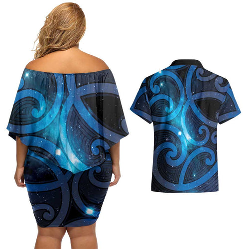 New Zealand Maori Matariki Couples Matching Off Shoulder Short Dress and Hawaiian Shirt Galaxy Kowhaiwhai