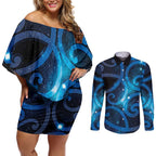 New Zealand Maori Matariki Couples Matching Off Shoulder Short Dress and Long Sleeve Button Shirt Galaxy Kowhaiwhai