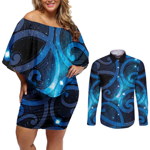 New Zealand Maori Matariki Couples Matching Off Shoulder Short Dress and Long Sleeve Button Shirt Galaxy Kowhaiwhai