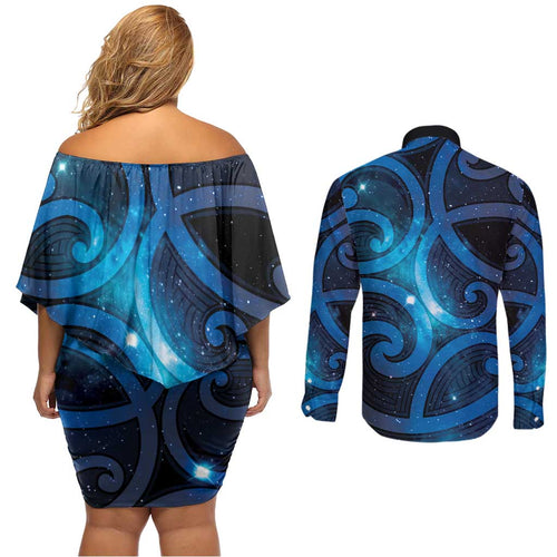 New Zealand Maori Matariki Couples Matching Off Shoulder Short Dress and Long Sleeve Button Shirt Galaxy Kowhaiwhai