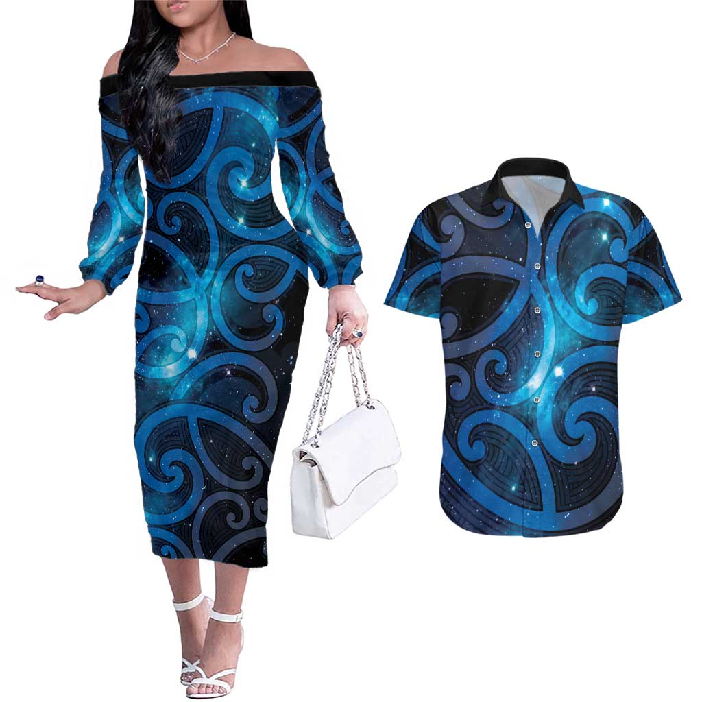 New Zealand Maori Matariki Couples Matching Off The Shoulder Long Sleeve Dress and Hawaiian Shirt Galaxy Kowhaiwhai