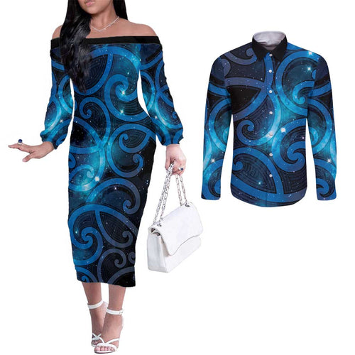 New Zealand Maori Matariki Couples Matching Off The Shoulder Long Sleeve Dress and Long Sleeve Button Shirt Galaxy Kowhaiwhai