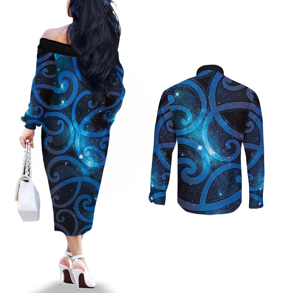 New Zealand Maori Matariki Couples Matching Off The Shoulder Long Sleeve Dress and Long Sleeve Button Shirt Galaxy Kowhaiwhai