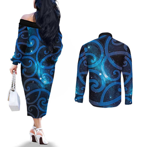 New Zealand Maori Matariki Couples Matching Off The Shoulder Long Sleeve Dress and Long Sleeve Button Shirt Galaxy Kowhaiwhai