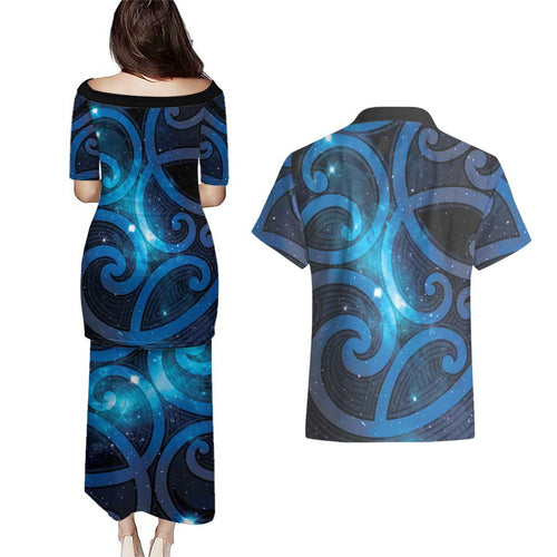 New Zealand Maori Matariki Couples Matching Puletasi and Hawaiian Shirt Galaxy Kowhaiwhai