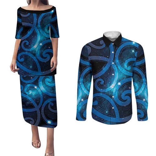 New Zealand Maori Matariki Couples Matching Puletasi and Long Sleeve Button Shirt Galaxy Kowhaiwhai