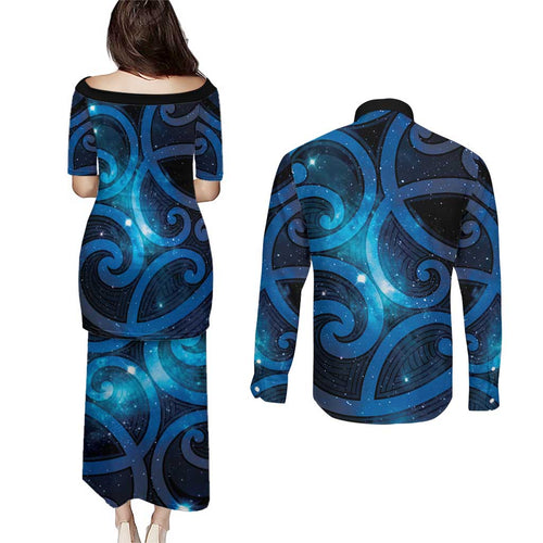 New Zealand Maori Matariki Couples Matching Puletasi and Long Sleeve Button Shirt Galaxy Kowhaiwhai