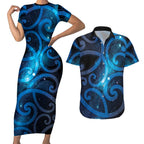New Zealand Maori Matariki Couples Matching Short Sleeve Bodycon Dress and Hawaiian Shirt Galaxy Kowhaiwhai