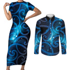 New Zealand Maori Matariki Couples Matching Short Sleeve Bodycon Dress and Long Sleeve Button Shirt Galaxy Kowhaiwhai