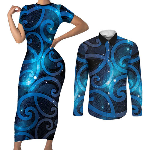 New Zealand Maori Matariki Couples Matching Short Sleeve Bodycon Dress and Long Sleeve Button Shirt Galaxy Kowhaiwhai