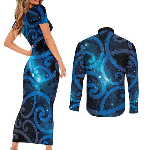 New Zealand Maori Matariki Couples Matching Short Sleeve Bodycon Dress and Long Sleeve Button Shirt Galaxy Kowhaiwhai