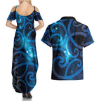 New Zealand Maori Matariki Couples Matching Summer Maxi Dress and Hawaiian Shirt Galaxy Kowhaiwhai