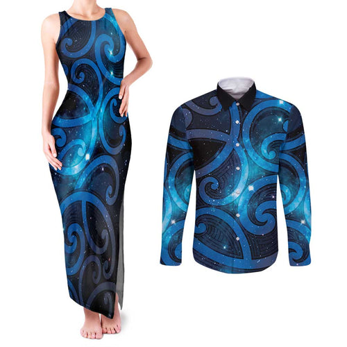 New Zealand Maori Matariki Couples Matching Tank Maxi Dress and Long Sleeve Button Shirt Galaxy Kowhaiwhai