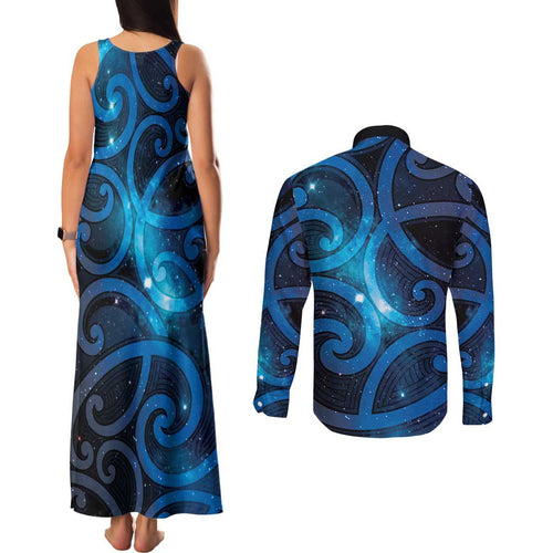 New Zealand Maori Matariki Couples Matching Tank Maxi Dress and Long Sleeve Button Shirt Galaxy Kowhaiwhai