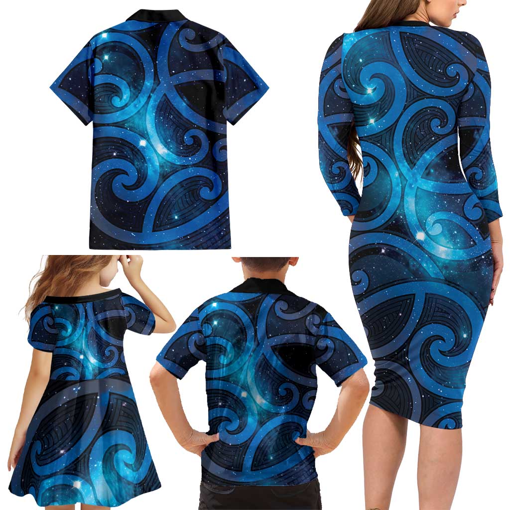 New Zealand Maori Matariki Family Matching Long Sleeve Bodycon Dress and Hawaiian Shirt Galaxy Kowhaiwhai