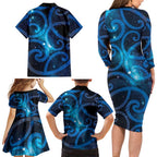 New Zealand Maori Matariki Family Matching Long Sleeve Bodycon Dress and Hawaiian Shirt Galaxy Kowhaiwhai
