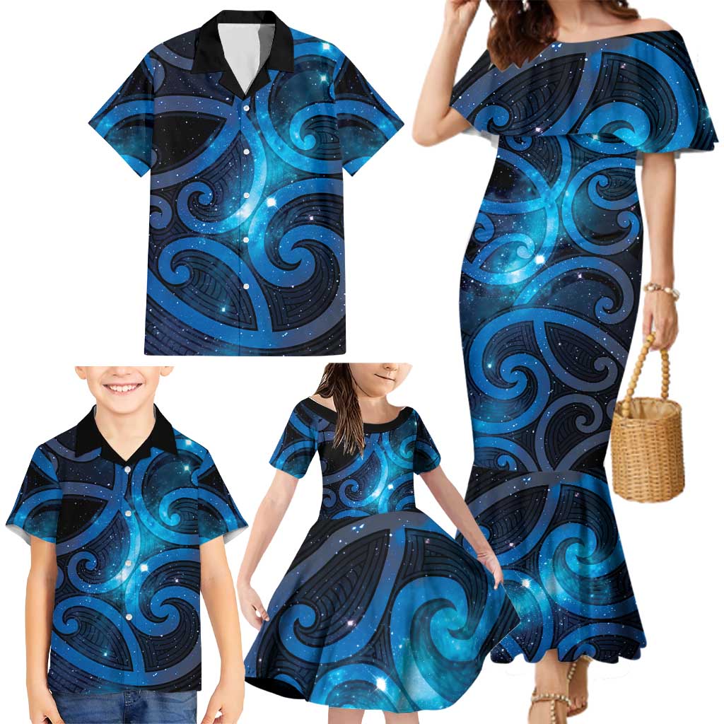 New Zealand Maori Matariki Family Matching Mermaid Dress and Hawaiian Shirt Galaxy Kowhaiwhai