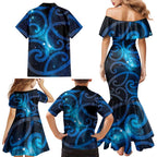 New Zealand Maori Matariki Family Matching Mermaid Dress and Hawaiian Shirt Galaxy Kowhaiwhai
