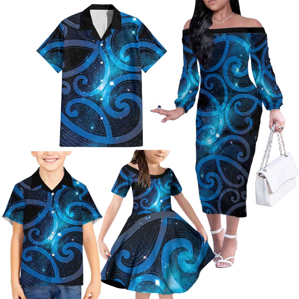 New Zealand Maori Matariki Family Matching Off The Shoulder Long Sleeve Dress and Hawaiian Shirt Galaxy Kowhaiwhai