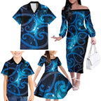 New Zealand Maori Matariki Family Matching Off The Shoulder Long Sleeve Dress and Hawaiian Shirt Galaxy Kowhaiwhai