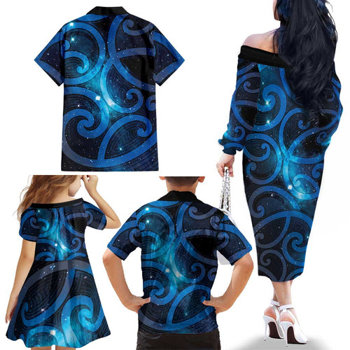 New Zealand Maori Matariki Family Matching Off The Shoulder Long Sleeve Dress and Hawaiian Shirt Galaxy Kowhaiwhai