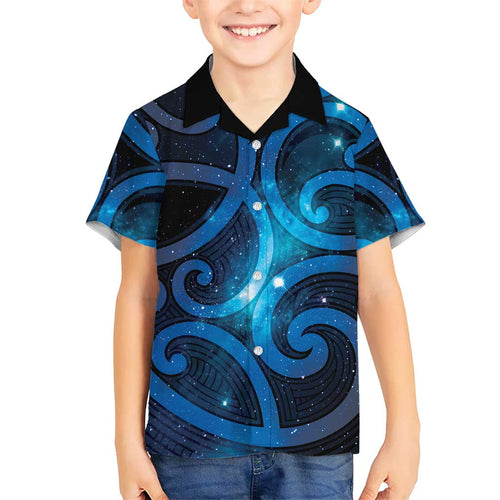 New Zealand Maori Matariki Family Matching Off The Shoulder Long Sleeve Dress and Hawaiian Shirt Galaxy Kowhaiwhai