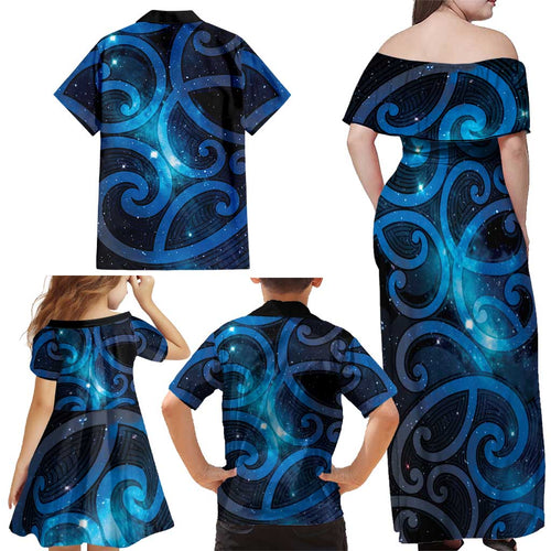 New Zealand Maori Matariki Family Matching Off Shoulder Maxi Dress and Hawaiian Shirt Galaxy Kowhaiwhai