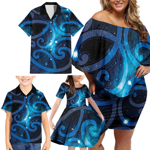 New Zealand Maori Matariki Family Matching Off Shoulder Short Dress and Hawaiian Shirt Galaxy Kowhaiwhai