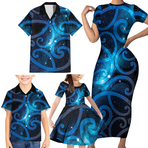 New Zealand Maori Matariki Family Matching Short Sleeve Bodycon Dress and Hawaiian Shirt Galaxy Kowhaiwhai
