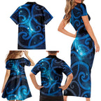 New Zealand Maori Matariki Family Matching Short Sleeve Bodycon Dress and Hawaiian Shirt Galaxy Kowhaiwhai