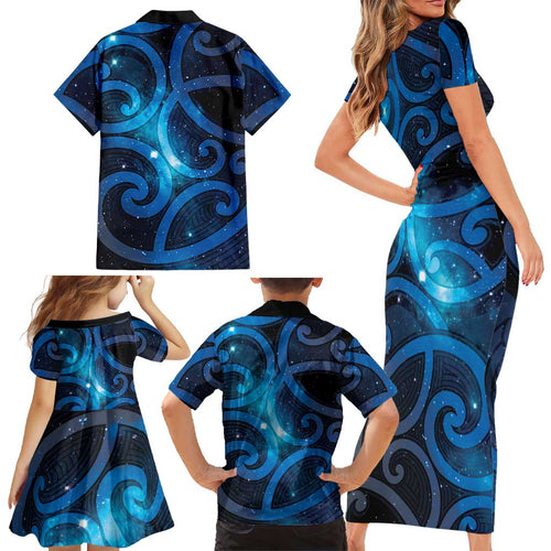 New Zealand Maori Matariki Family Matching Short Sleeve Bodycon Dress and Hawaiian Shirt Galaxy Kowhaiwhai