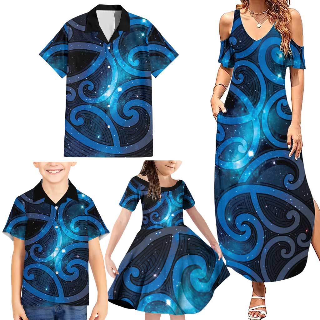 New Zealand Maori Matariki Family Matching Summer Maxi Dress and Hawaiian Shirt Galaxy Kowhaiwhai