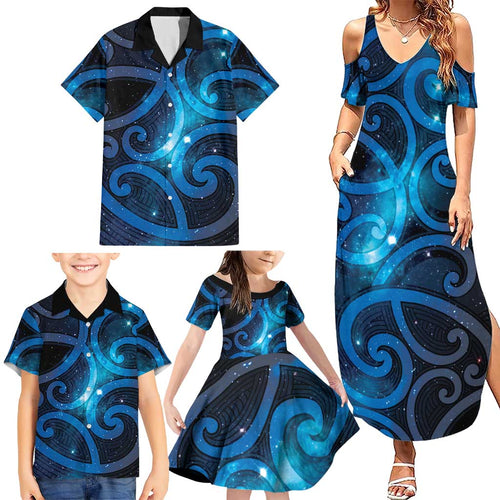 New Zealand Maori Matariki Family Matching Summer Maxi Dress and Hawaiian Shirt Galaxy Kowhaiwhai