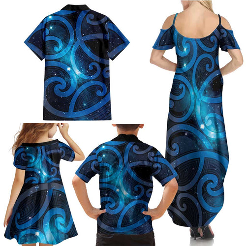New Zealand Maori Matariki Family Matching Summer Maxi Dress and Hawaiian Shirt Galaxy Kowhaiwhai