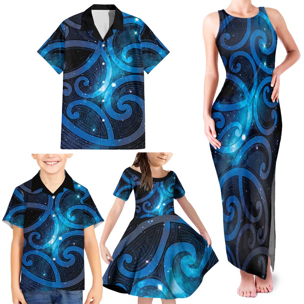 New Zealand Maori Matariki Family Matching Tank Maxi Dress and Hawaiian Shirt Galaxy Kowhaiwhai